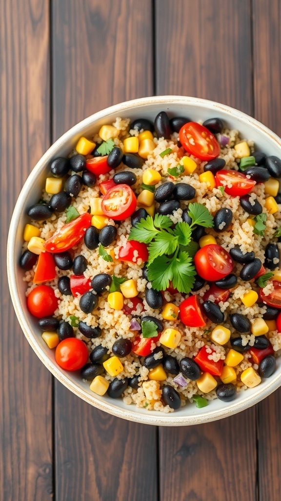 A colorful quinoa salad with black beans, corn, bell peppers, and tomatoes, garnished with cilantro.